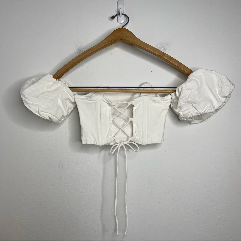 SEVEN Wonders Ivory Puff Sleeve Off Shoulder Cotton Tie Corset Crop Top Sz S - Picture 4 of 16